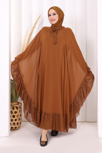 Benekli Yaka Detay Şifon Pelerinli Elbise Takım 3643 Taba - 2