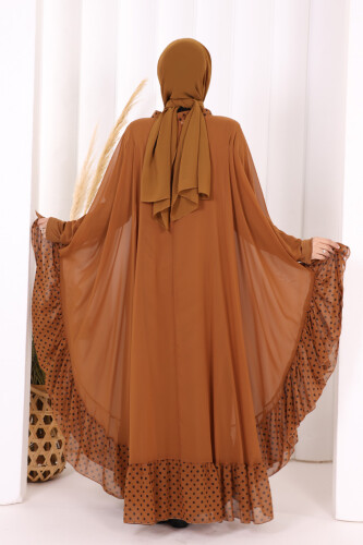 Benekli Yaka Detay Şifon Pelerinli Elbise Takım 3643 Taba - 4