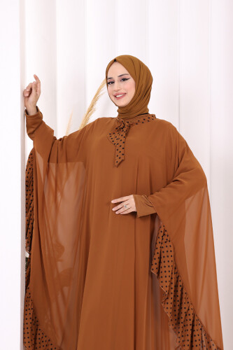 Benekli Yaka Detay Şifon Pelerinli Elbise Takım 3643 Taba - 5