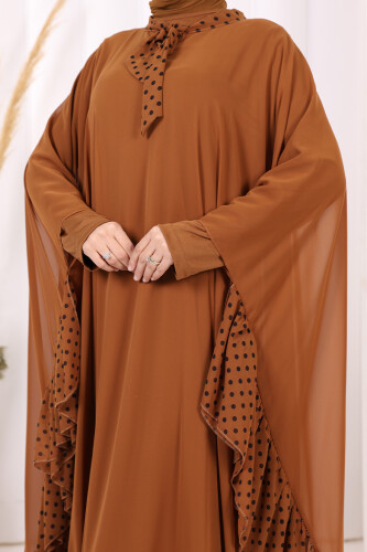 Benekli Yaka Detay Şifon Pelerinli Elbise Takım 3643 Taba - 6