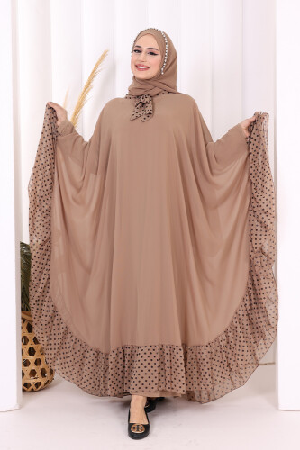 Benekli Yaka Detay Şifon Pelerinli Elbise Takım 3643 Vizon 