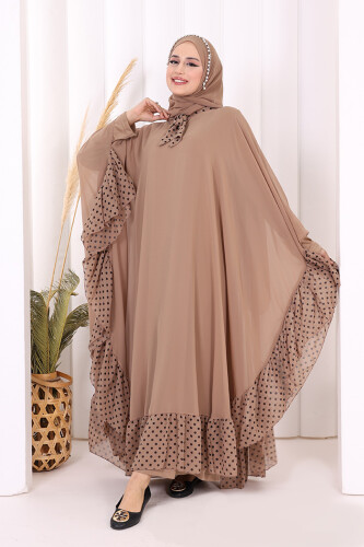 Benekli Yaka Detay Şifon Pelerinli Elbise Takım 3643 Vizon - 2