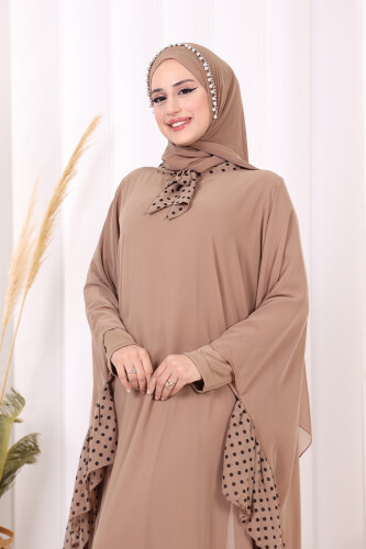 Benekli Yaka Detay Şifon Pelerinli Elbise Takım 3643 Vizon - 5