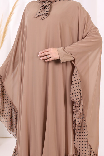 Benekli Yaka Detay Şifon Pelerinli Elbise Takım 3643 Vizon - 6