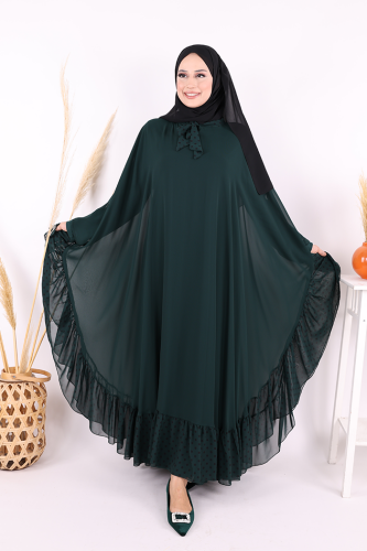 Benekli Yaka Detay Şifon Pelerinli Elbise Takım 3643 Zümrüt - Bym Fashion