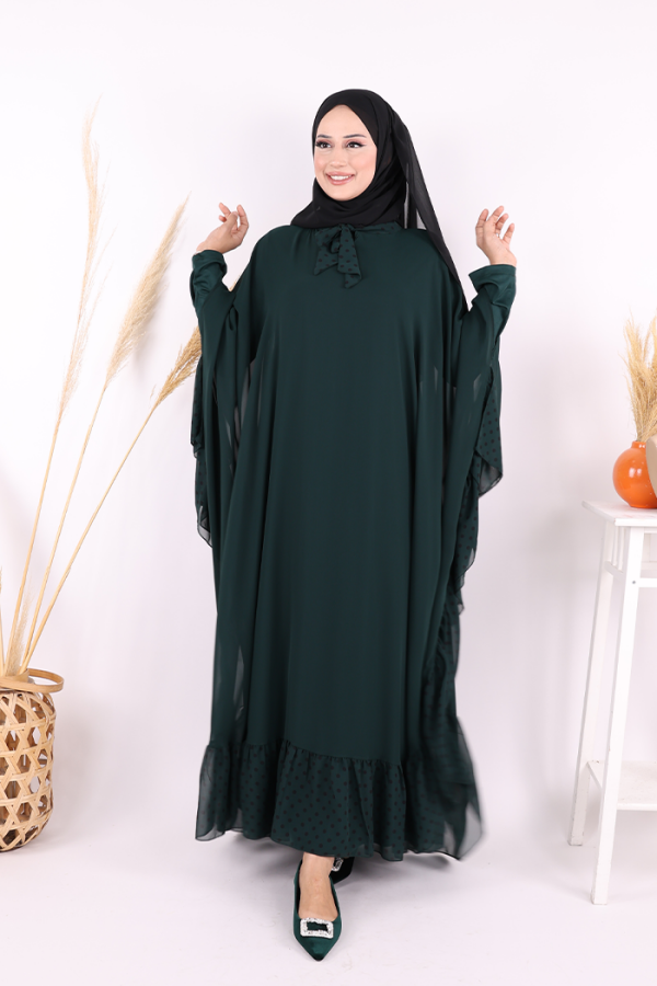 Benekli Yaka Detay Şifon Pelerinli Elbise Takım 3643 Zümrüt - 2