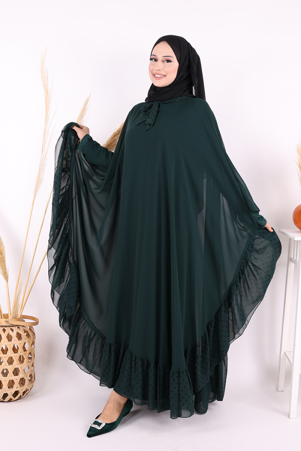 Benekli Yaka Detay Şifon Pelerinli Elbise Takım 3643 Zümrüt - 3