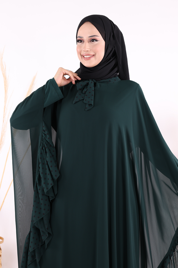 Benekli Yaka Detay Şifon Pelerinli Elbise Takım 3643 Zümrüt - 5