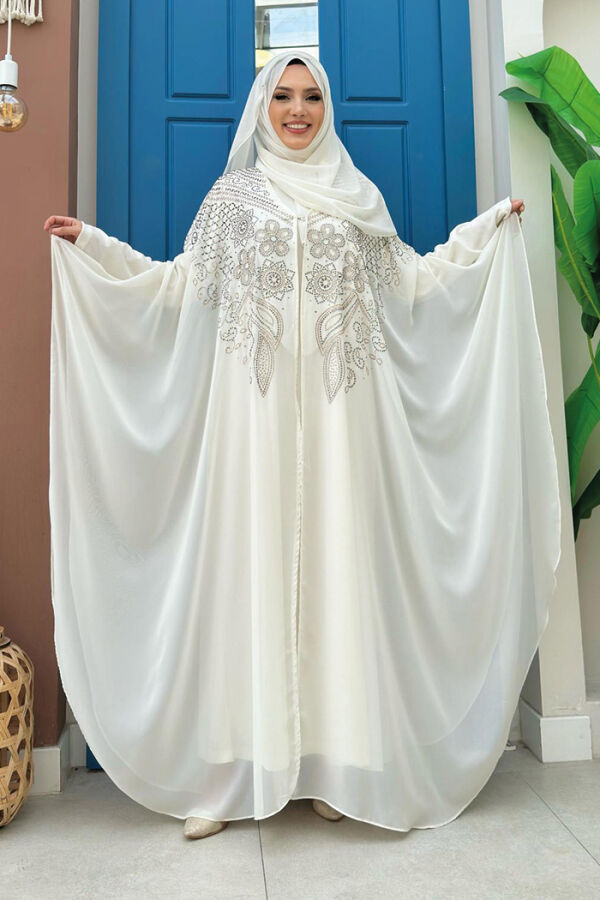 Steinbesticktes Chiffon-Cape-Kleid, Abendkleid, Anzug 3651 Ecru - 1