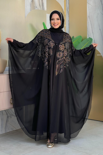 Steinbesticktes Chiffon-Cape-Kleid Abendkleid 3651 Schwarz 