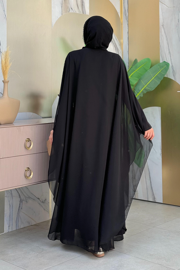 Steinbesticktes Chiffon-Cape-Kleid Abendkleid 3651 Schwarz - 2