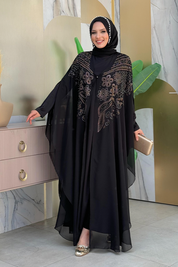 Steinbesticktes Chiffon-Cape-Kleid Abendkleid 3651 Schwarz - 3