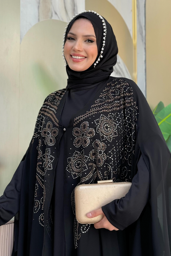 Steinbesticktes Chiffon-Cape-Kleid Abendkleid 3651 Schwarz - 4