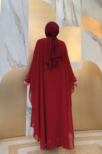 Stone Embroidered Chiffon Cape Dress Evening Dress 3651 Claret Red - 7