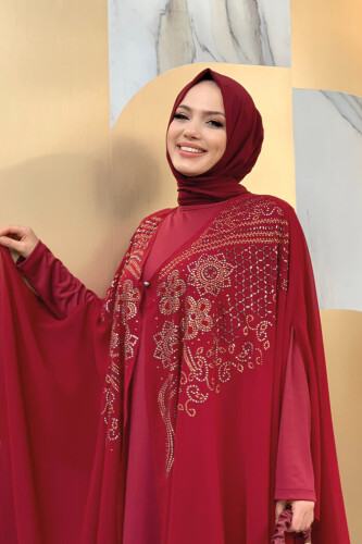 Stone Embroidered Chiffon Cape Dress Evening Dress 3651 Claret Red - 8