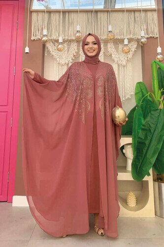 Steinbesticktes Chiffon-Cape-Kleid, Abendkleid, Anzug 3651 Dried Rose 