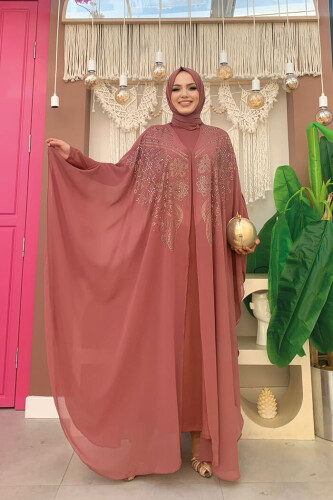 Stone Embroidered Chiffon Cape Dress Evening Dress Suit 3651 Dried Rose - 5