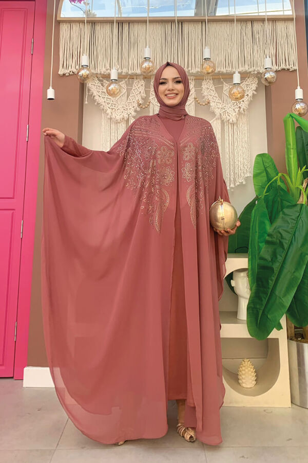 Stone Embroidered Chiffon Cape Dress Evening Dress Suit 3651 Dried Rose - 5