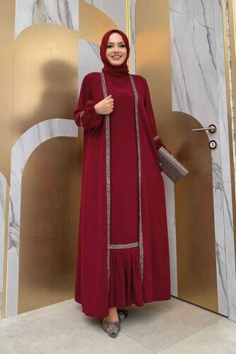 Taş Detaylı Abaya Sıfır Kol Elbise Takım 3657 Bordo - Bym Fashion