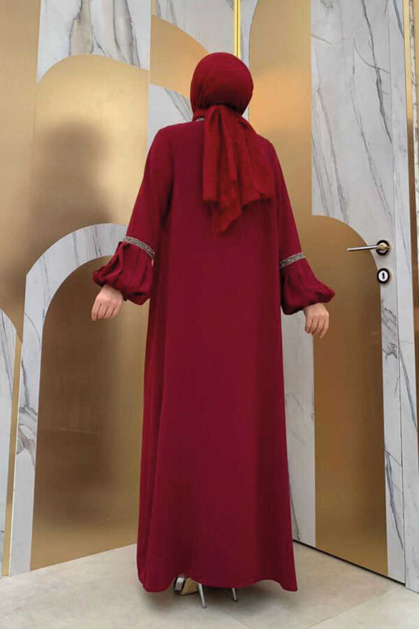 Taş Detaylı Abaya Sıfır Kol Elbise Takım 3657 Bordo - 4