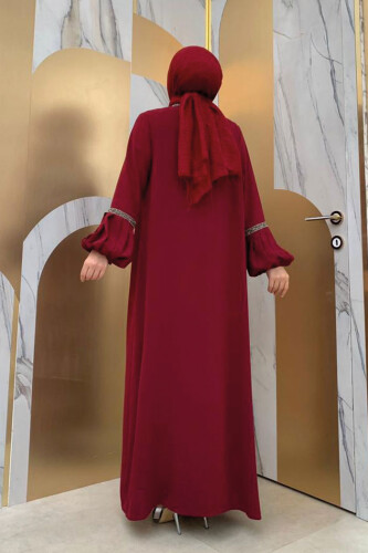 Taş Detaylı Abaya Sıfır Kol Elbise Takım 3657 Bordo - 8