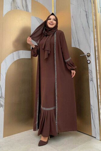 Taş Detaylı Abaya Sıfır Kol Elbise Takım 3657 Kahverengi 