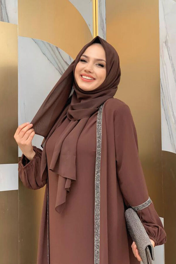 Taş Detaylı Abaya Sıfır Kol Elbise Takım 3657 Kahverengi - 8