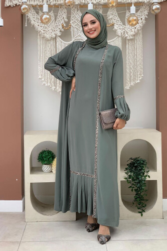 Taş Detaylı Abaya Sıfır Kol Elbise Takım 3657 Mint - Bym Fashion