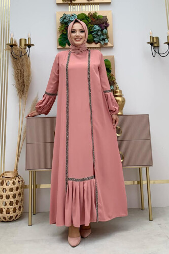 Taş Detaylı Abaya Sıfır Kol Elbise Takım 3657 Pudra - Bym Fashion