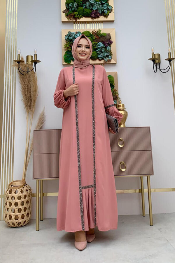 Taş Detaylı Abaya Sıfır Kol Elbise Takım 3657 Pudra - 4