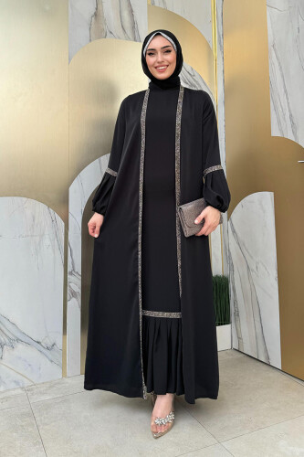 Taş Detaylı Abaya Sıfır Kol Elbise Takım 3657 Siyah - Bym Fashion