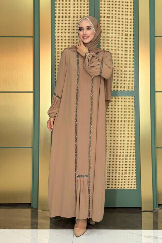 Taş Detaylı Abaya Sıfır Kol Elbise Takım 3657 Vizon - Bym Fashion