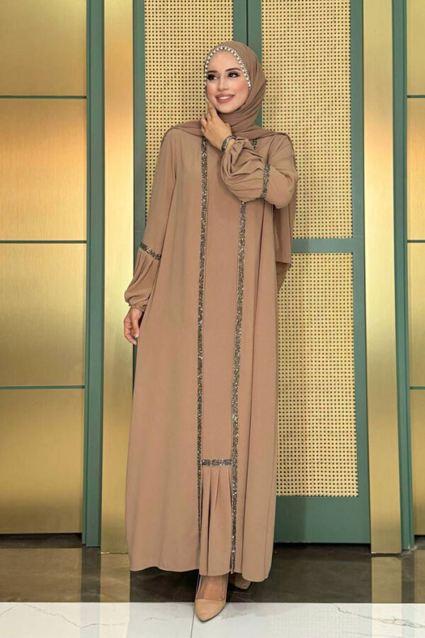 Taş Detaylı Abaya Sıfır Kol Elbise Takım 3657 Vizon - 1