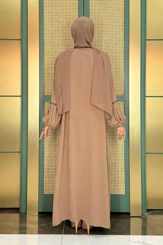Taş Detaylı Abaya Sıfır Kol Elbise Takım 3657 Vizon - 2