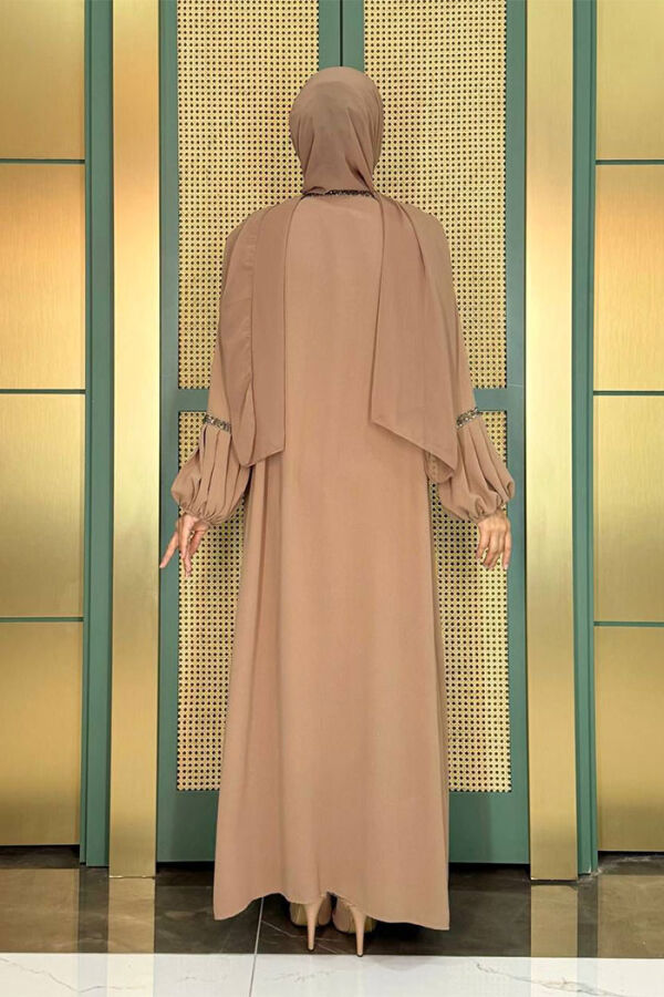 Taş Detaylı Abaya Sıfır Kol Elbise Takım 3657 Vizon - 2