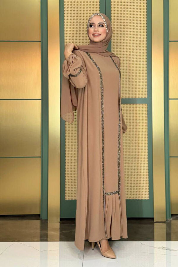 Taş Detaylı Abaya Sıfır Kol Elbise Takım 3657 Vizon - 3