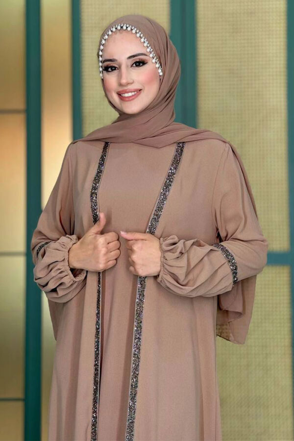 Taş Detaylı Abaya Sıfır Kol Elbise Takım 3657 Vizon - 4