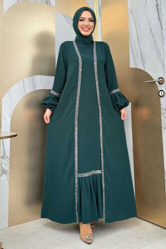 Taş Detaylı Abaya Sıfır Kol Elbise Takım 3657 Zümrüt - Bym Fashion
