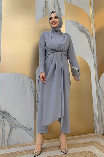 Bel Bağlama Detaylı Yarım Boğaz Detay Tulum 3672 Gri - Bym Fashion