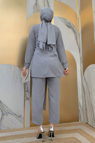 Bel Bağlama Detaylı Yarım Boğaz Detay Tulum 3672 Gri - 6