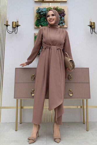 Bel Bağlama Detaylı Yarım Boğaz Detay Tulum 3672 Taba - Bym Fashion