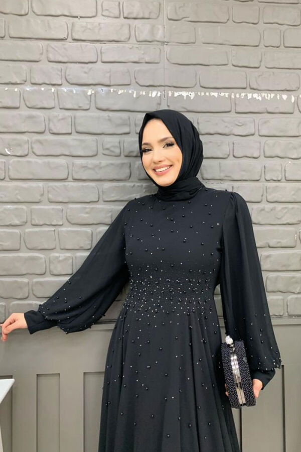 فستان سهرة شيفون مبطن باللؤلؤ من بالون 3688 أسود - 8