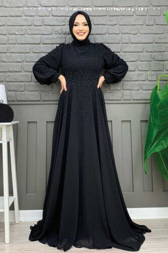Balloon Look Pearl Lined Chiffon Evening Dress 3688 Black 