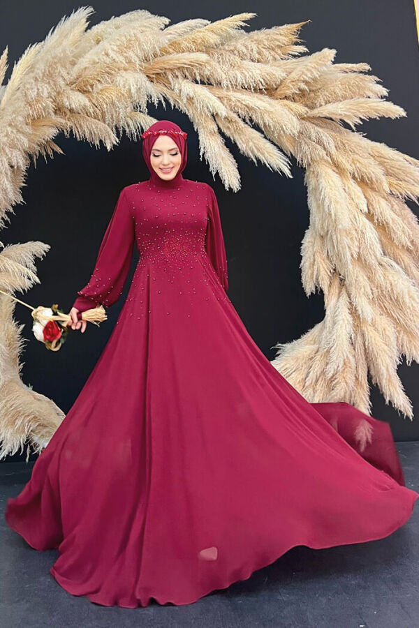 Balloon Look Pearl Lined Chiffon Evening Dress 3688 Claret Red - 5