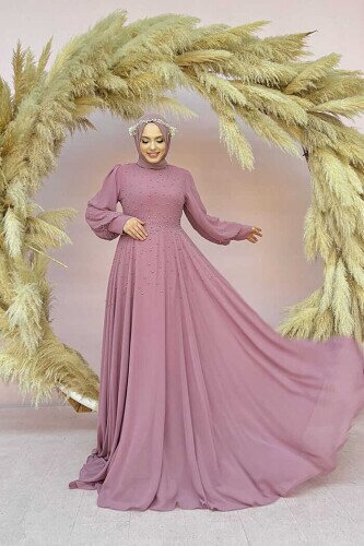 Ballon-Look, mit Perlen gefüttertes Chiffon-Abendkleid 3688 Puder - 2
