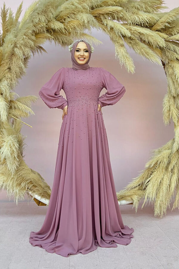Ballon-Look, mit Perlen gefüttertes Chiffon-Abendkleid 3688 Puder - 7