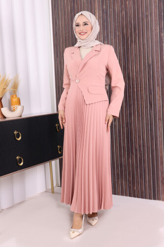 Ceket Görünümlü Eteği Piliseli Elbise 3700 Pudra 