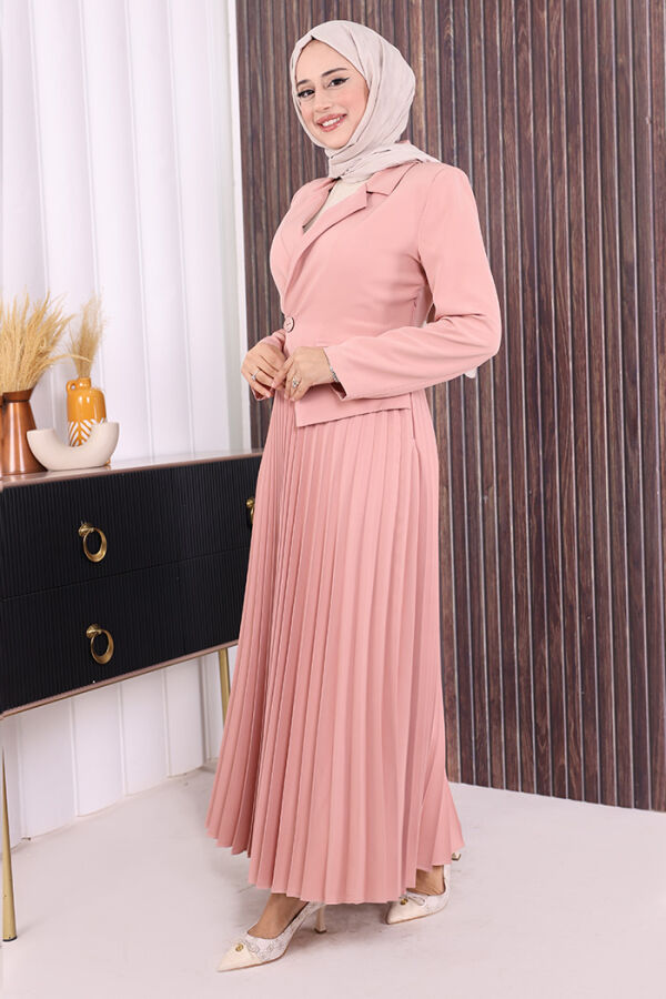 Ceket Görünümlü Eteği Piliseli Elbise 3700 Pudra - 2
