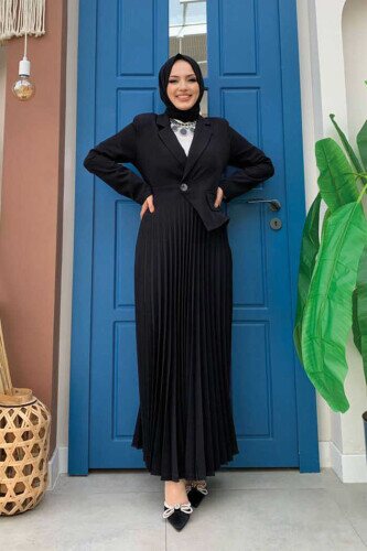 Ceket Görünümlü Eteği Piliseli Elbise 3700 Siyah - Bym Fashion