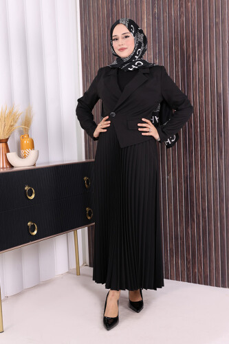 Ceket Görünümlü Eteği Piliseli Elbise 3700 Siyah 